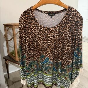 Melissa Paige Leopard and Paisley Blouse with Fringe Sleeves